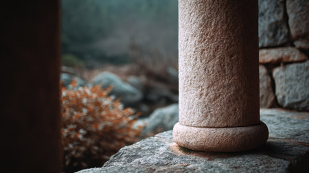 This captivating image features a detailed stone column, beautifully illuminated by soft natural light, set against a peaceful, rustic background, evoking tranquility.の素材