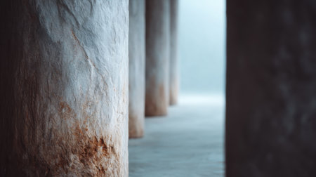 A serene perspective view of textured stone columns in a softly lit indoor space, creating a tranquil atmosphere ideal for artistic projects or design inspiration.の素材