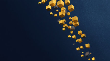 An artistic visualization featuring golden cubes in various sizes floating above a deep blue background, creating a sense of depth and elegance in modern design.の素材