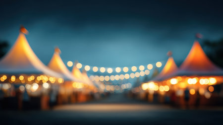 Captivating scene of colorful tents illuminated at a night market festival, showcasing a vibrant atmosphere filled with soft bokeh lights that attract visitors.の素材