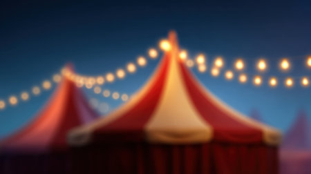 These enchanting red and white circus tents radiate a warm glow under soft lights, evoking a sense of nostalgia and capturing the essence of festive celebrations.の素材