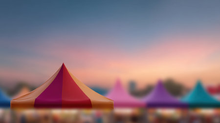 A captivating scene featuring colorful tents set against a dusk sky, perfect for outdoor festivals or markets. The soft lighting and bokeh enhance the festive ambiance.の素材