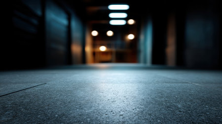 An intriguing and mysterious corridor that features a smooth floor and distant glowing lights, evoking a haunting yet captivating atmosphere in an urban setting.の素材