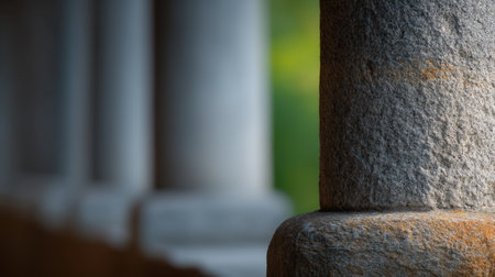 This image showcases a close-up view of a stone column, emphasizing its textured surface and the interplay of light and shadow. Perfect for architectural themes.の素材