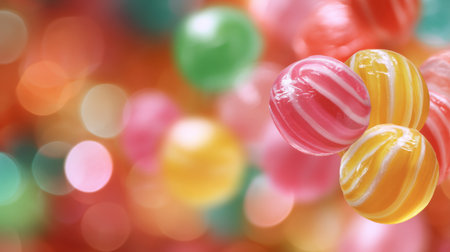A close-up of colorful candy spheres with swirls set against a vibrant bokeh background. This image captures the fun and joy of sweet treats and celebrations.の素材
