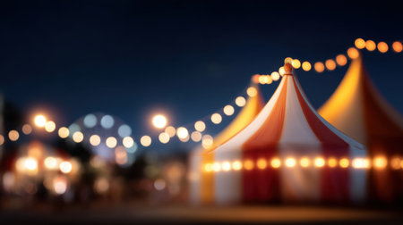 Experience the magic of a lively fairground at night with colorful carnival tents aglow from string lights, capturing a festive atmosphere filled with joy and excitement.の素材