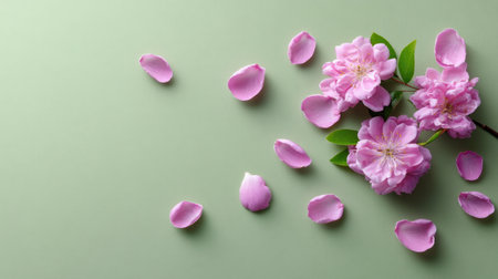 Charming composition featuring delicate pink flowers and scattered petals on a soft green background, perfect for nature-inspired designs or elegant decor ideas.の素材