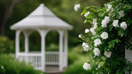 A picturesque scene featuring white roses blooming near a quaint gazebo, creating a peaceful garden atmosphere. The soft focus background enhances the serenity.の素材