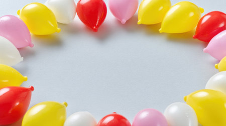 A vibrant arrangement of colorful balloons in a circular design, perfect for enhancing the cheerful atmosphere at parties, celebrations, or festive events.の素材