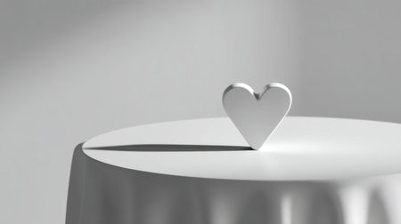 This image features a simple white heart decoration on a round table, capturing a serene atmosphere of love and elegance in a minimalist and soft monochrome setting.の素材