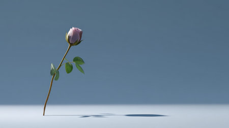 A stunning representation of a single pink rose with leaves, gently leaning on a smooth surface, creating a serene atmosphere with a delicate shadow effect.の素材