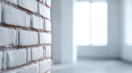 This image showcases a bright interior featuring a white brick wall and expansive windows. The minimalist design highlights natural light, creating an inviting atmosphere.の素材
