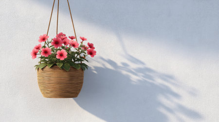 A beautiful hanging basket filled with vibrant pink flowers creates a serene atmosphere. The shadows cast on the minimalist white wall enhance the calm and aesthetic appeal.の素材