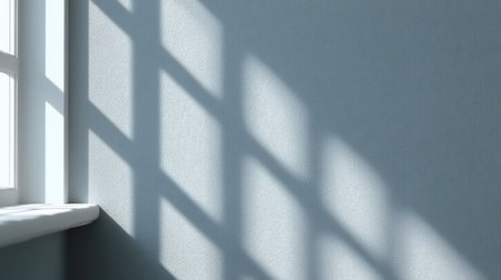 This serene image features soft natural light casting intricate shadows on a light blue wall, creating an elegant and tranquil ambiance perfect for modern spaces.の素材