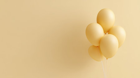 Soft yellow balloons hover gracefully against a beige background, creating a cheerful atmosphere perfect for any festive occasion or minimalist decoration concept.の素材