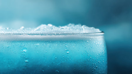 A captivating close-up of a blue beverage filled with bubbles and glistening droplets on a glass, evoking a refreshing and cooling summertime experience.の素材