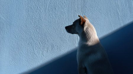 Captivating silhouette of a white dog against a blue wall, beautifully capturing a moment of stillness and tranquility in an artistic composition.の素材