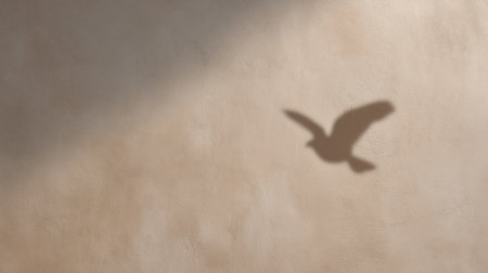 This image captures a soft shadow of a bird cast on a textured wall, evoking feelings of peace and tranquility, ideal for use in artistic and calming visual projects.の素材