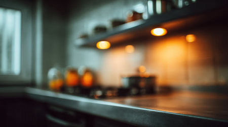A cozy kitchen interior showcasing soft lighting that creates a warm atmosphere, perfect for inspiring culinary adventures and inviting home cooking moments.の素材