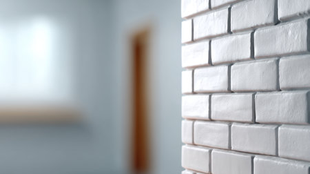 A close-up shot of a textured white brick wall in a modern interior setting. The blurred background hints at a stylish room, creating an inspiring atmosphere.の素材