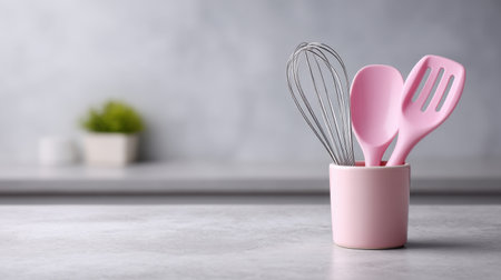 A collection of stylish pink kitchen utensils placed in a modern holder on a marble countertop, showcasing a clean and minimalist design that enhances any kitchen space.の素材