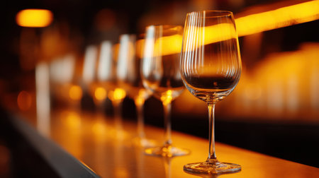 This captivating photograph shows a row of elegant wine glasses with soft orange backlighting, creating a warm and inviting atmosphere perfect for upscale dining or social gatherings.の素材
