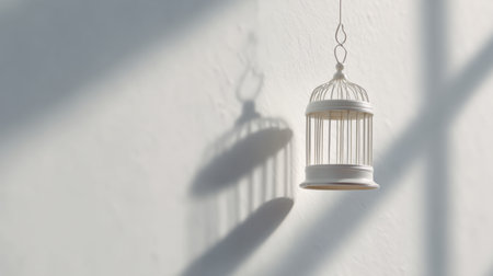 A delicate white birdcage hangs against a textured wall, casting soft shadows that evoke feelings of freedom and elegance, perfect for minimalist design themes.の素材