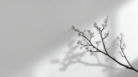 This striking black and white image features a delicate branch with leaves casting soft shadows against a plain background, embodying minimalist elegance and serene beauty.の素材