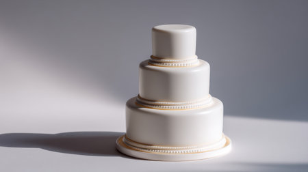 This photo features an elegant three-tier white cake with smooth frosting and decorative trim, perfect for weddings, celebrations, or special events, highlighting simplicity.の素材