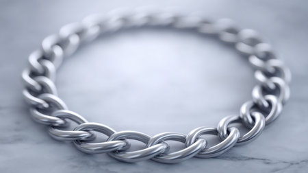 A stunning close-up view of a silver chain elegantly arranged on a marble surface. This image showcases the beauty and shine of the jewelry piece, perfect for fashion displays.の素材