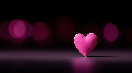 A charming pink heart shape stands prominently against a dark background, surrounded by soft bokeh lights, perfect for expressing love and warmth during special occasions.の素材