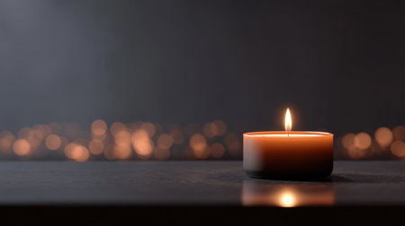 A beautifully lit candle sits on a dark surface, radiating warmth and calm. The blurred background adds depth to the serene scene, perfect for relaxation.の素材