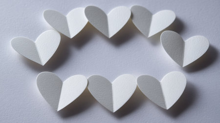 A creative arrangement of white paper heart shapes is displayed in a circular pattern on a soft surface, evoking feelings of love and romance for various projects.の素材