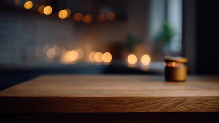 A serene scene showcasing a candle on a wooden table, illuminated by a warm, soft glow. The blurred background enhances the cozy atmosphere, perfect for relaxation.の素材