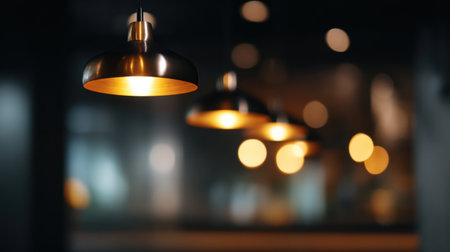 A collection of stylish pendant lamps casts a warm and inviting glow, enhancing the cozy atmosphere of a modern cafe with a beautiful bokeh background.の素材