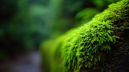 Discover the vibrant beauty of lush green moss growing on a rock, illustrating the harmony of nature and the tranquil ambiance of a forest setting.の素材