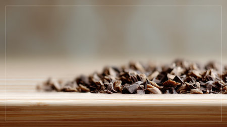 A close-up view of spices scattered on a wooden surface, emphasizing natural textures and warm earthy tones, ideal for culinary and food-related themes.の素材