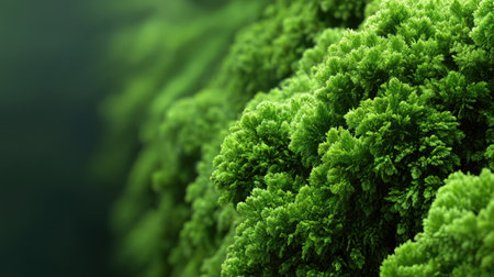 This close-up image captures the intricate texture of lush green moss, showcasing its vibrant color and unique patterns for nature-inspired designs and backgrounds.の素材