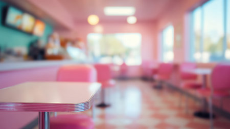 This vibrant and inviting diner interior features playful pink decor and chrome accents, creating a nostalgic ambiance perfect for various creative projects.の素材