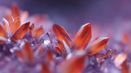 This stunning close-up showcases vibrant orange and purple crystals, sparkling and reflecting light in an abstract formation, perfect for design or nature themes.の素材