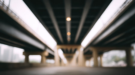 This abstract image captures a blurred view of a highway underpass, showcasing modern architecture and soft lighting, conveying a sense of movement and urban life.の素材