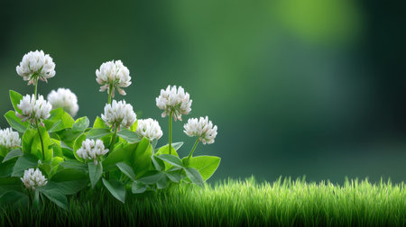A stunning arrangement of white clover flowers set against a lush green field, with a soft blurred background, creating a tranquil and serene atmosphere perfect for nature-themed projects.の素材