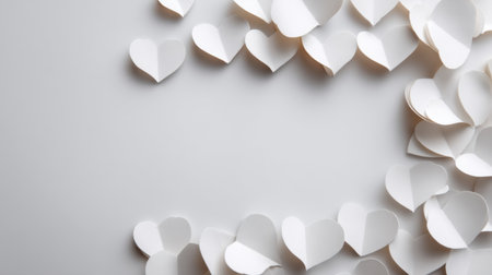 A charming layout of white paper hearts on a light gray background, perfect for various romantic themes, craft projects, and creative inspiration.の素材