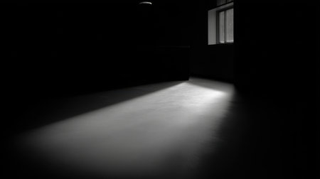 This striking image captures a dark minimalist interior space, where soft light streams through a window, creating dramatic shadows that evoke feelings of isolation.の素材