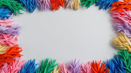 This vibrant arrangement of colorful crafty strands frames a white surface, providing a perfect backdrop for creative projects and celebrations, ideal for artistic endeavors.の素材