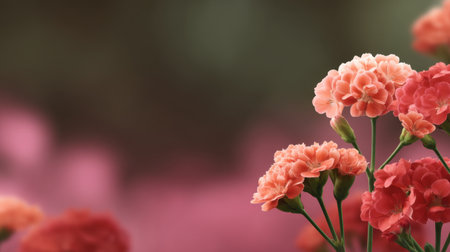 A stunning close-up of delicate pink and coral carnations intermingling against a softly blurred background, creating an enchanting atmosphere perfect for floral themes.の素材