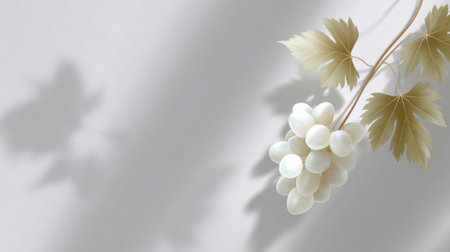 A stunning composition of white grapes accompanied by soft leaves, beautifully illuminated to create gentle shadows against a light gray backdrop, ideal for various themes.の素材