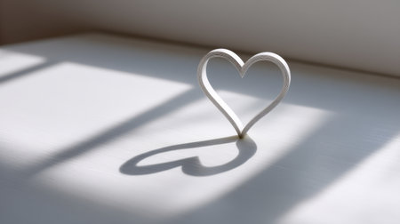 This image features a heart-shaped object casting a delicate shadow on a white surface, illuminated by soft natural light, evoking feelings of love and simplicity.の素材