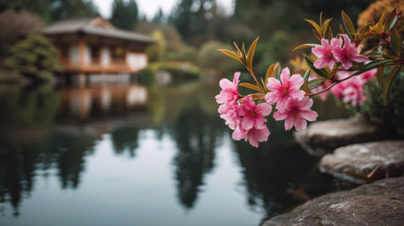 An enchanting garden scene featuring delicate pink flowers in focus alongside a tranquil pond, reflected wooden structure, lush greenery, and serene atmosphere.の素材