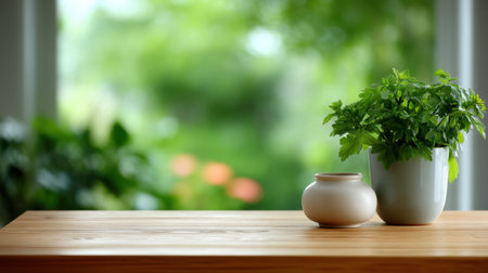 A serene composition featuring a fresh green herb plant in a simple vase on a wooden table, set against a softly blurred natural background, perfect for home decor inspiration.の素材